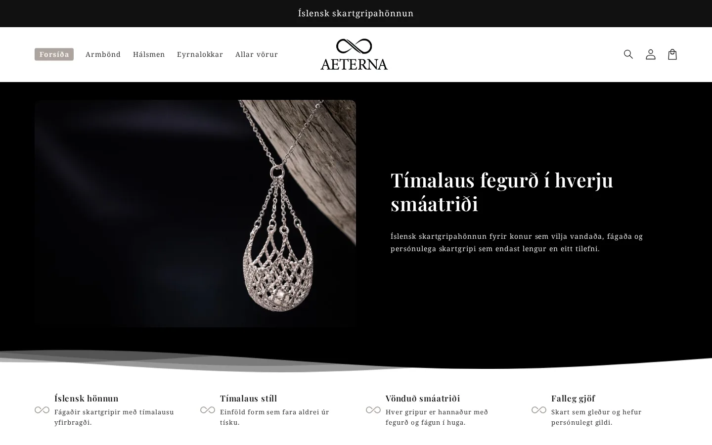 Forsíða vefverslunar Aeterna í tölvu