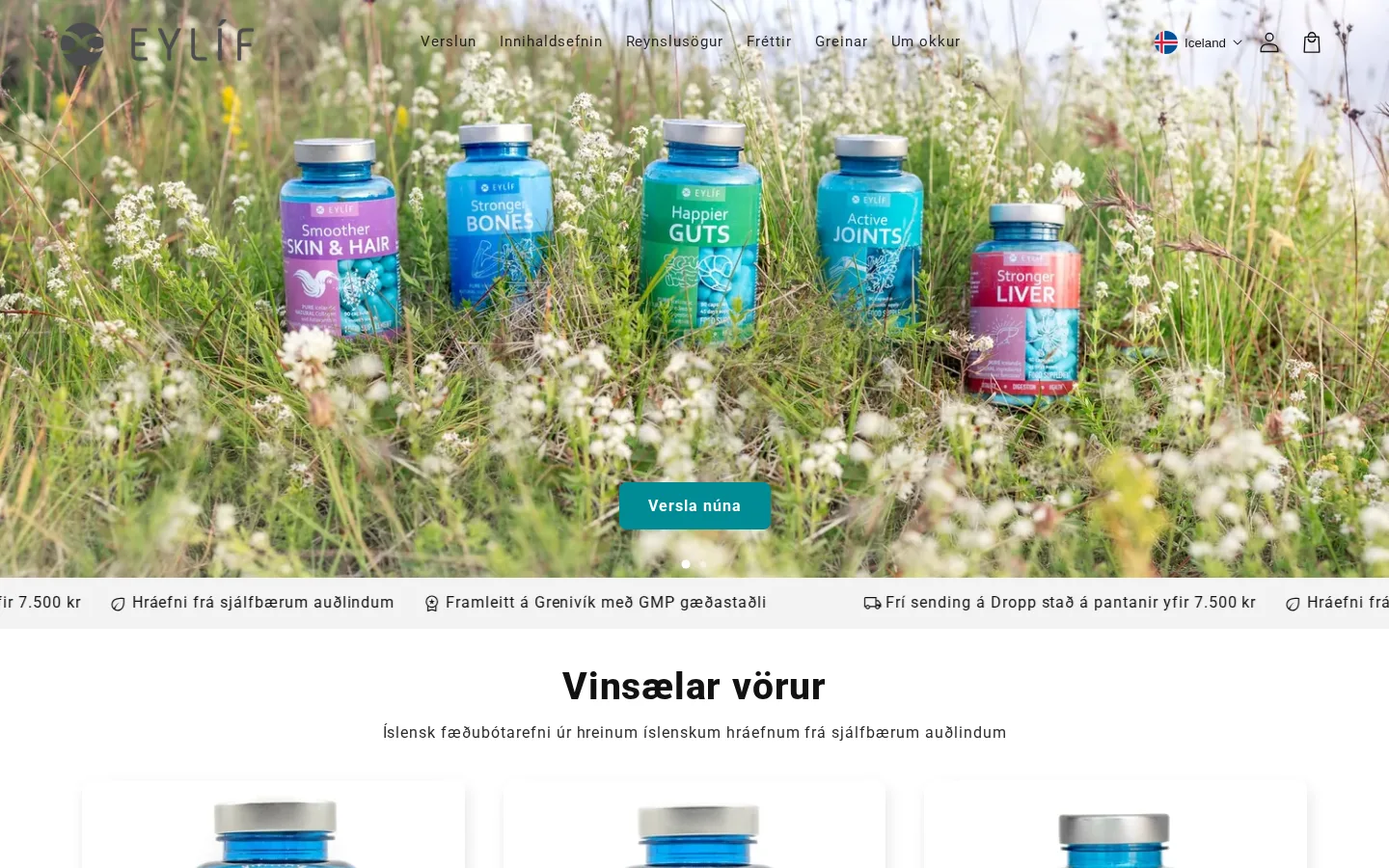 Forsíða Shopify-vefverslunar Eylíf